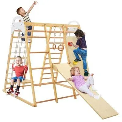 Costway 8-in-1 Indoor Wooden Jungle Gym Playset with Monkey Bars