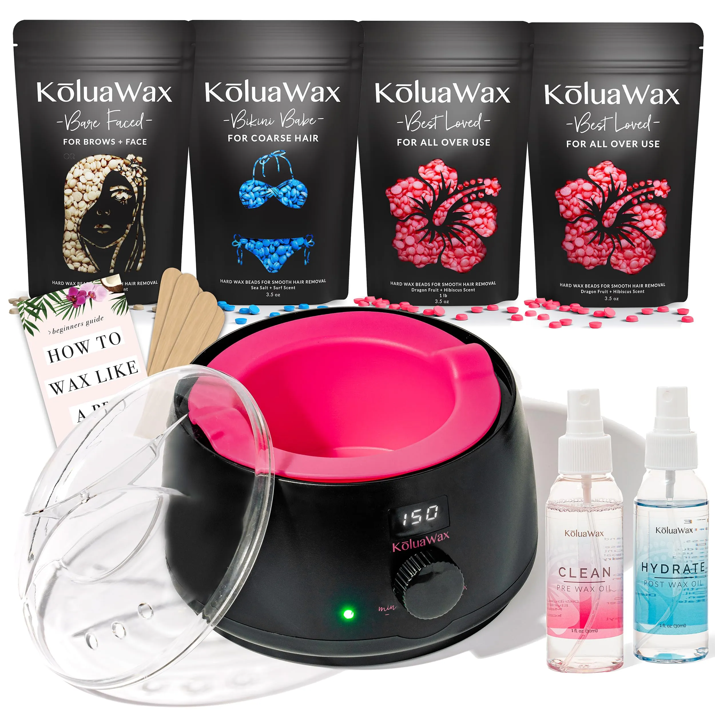 KoluaWax Premium Waxing Kit for Women - Hot Melt Hard Wax Warmer for Hair Removal, Eyebrow, Bikini, Legs, Face, Brazilian Wax - Machine, 4-Pack Beads, Accessories, Sand