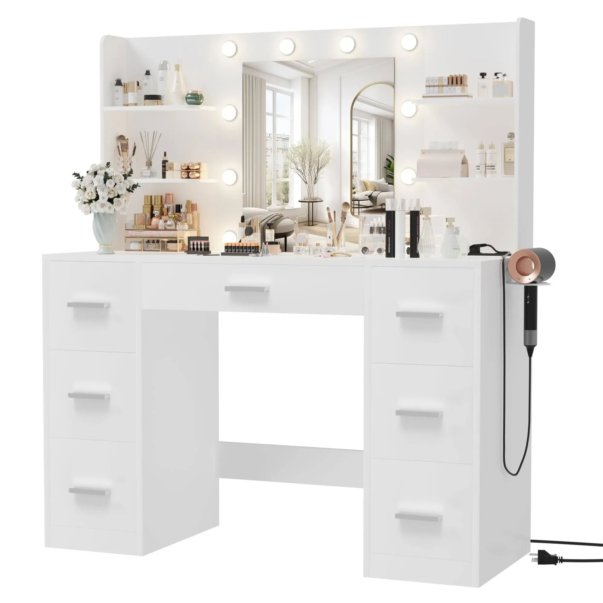 Furmax Vanity Desk with Mirror, LED Lights, Power Outlet, Makeup Vanity Table, 7 Drawers