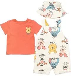 Disney Tigger Winnie the Pooh Baby French Terry Short Overalls T-Shirt and Hat 3 Piece Outfit Set Baby to Baby