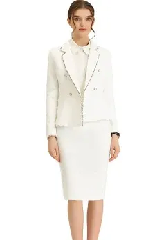 Business Suit 2 Pieces Tweed Trim Blazer Jacket and Skirt Set