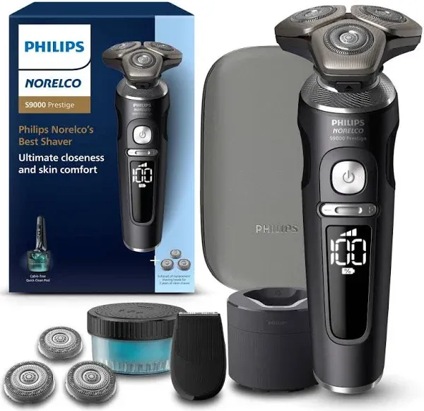 Philips Norelco Shaver Series 9000 Prestige, Wet and Dry Electric Shaver, Lift & Cut Shaving System, SenseIQ Technology, Precision Trimmer, Cleaning Pod, Premium Pouch, Black Matte, Model SP9840/90