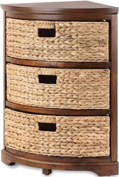 eHemco Hampton Meadows 3 Tier X-Side Corner Table Storage Cabinet with 3 Wicker Baskets, White