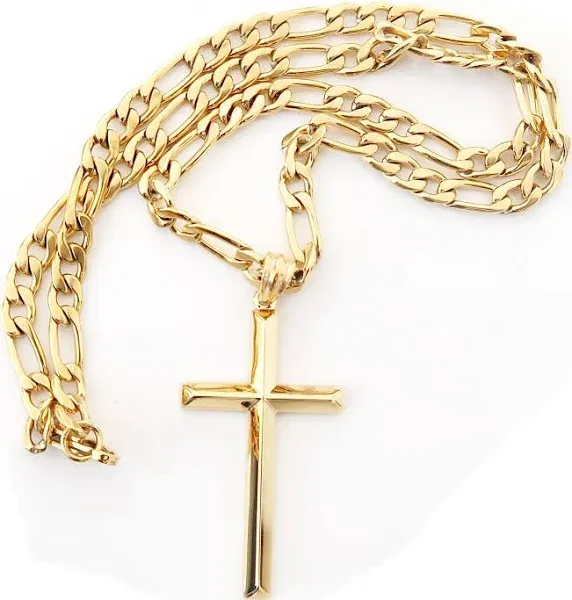 24K Gold Figaro Chain Style Cross Pendant Necklace 5MM Cross Necklace Clasp for MEN, HUSBAND Thin for Charms Miami Cuban Link Diamond Cut Religious Beveled Edge