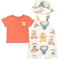 Disney Tigger Winnie the Pooh Baby French Terry Short Overalls T-Shirt and Hat 3 Piece Outfit Set Baby to Baby