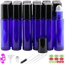 Inice 24 Pack,10ml Roller Bottles for Essential Oils Cobalt Blue Glass Stainless Steel Roll On Ball Bottles for Travel