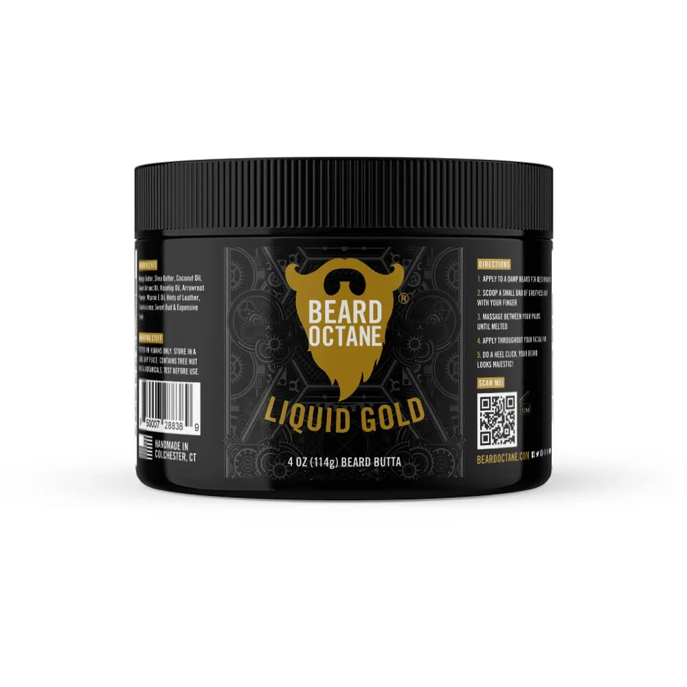 Beard Octane: Liquid Gold - Natural Beard Butter w/Shea Butter- 4 Oz - Healthy Softer Beards - Made in USA - Premium Handcrafted Beard Care