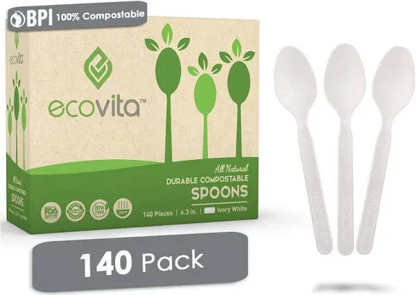 Ecovita 100% Compostable Spoons 140 Large Disposable Utensils Eco Friendly Durable and Heat Resistant Alternative to Plastic Spoons