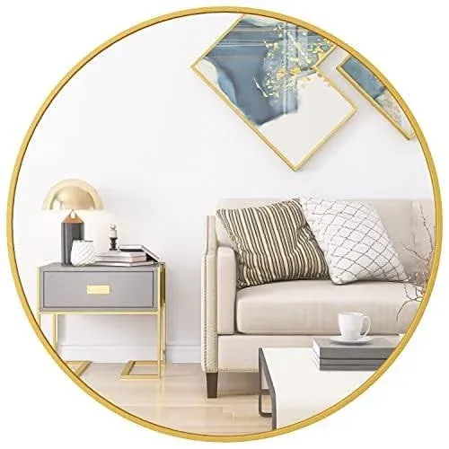 FANYUSHOW Gold Round Mirror, Round Mirror 31 inch, Gold Circle Mirror Metal Frame, Round Wall Mounted Mirrors for Living Room, Bathroom, Wall, Entryway, Vanity,Trend Style