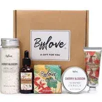 Cadeaux spa pour femme, coffret cadeau de bain, kit de soins personnels, BFF LOVE 5 pièces cadeaux de Noël en fleur de cerisier avec huile de massage, bougie parfumée, sel de bain, crème pour les mains, savon, panier cadeau