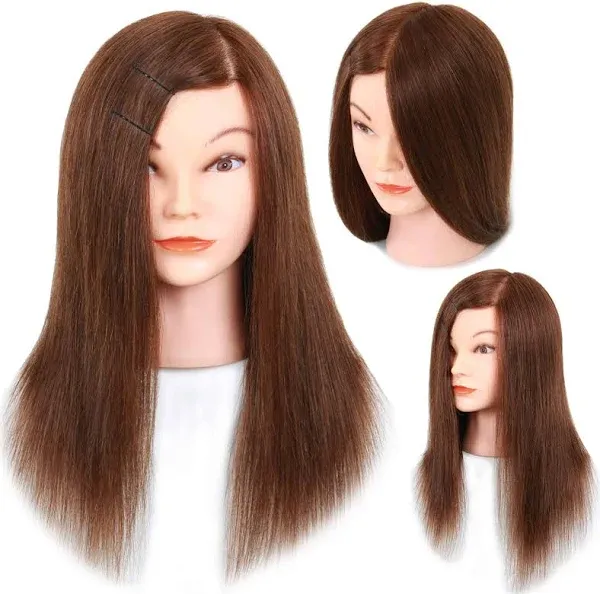 Mannequin Head with Human Hair - 20-22" Cosmetology Mannequin Head with 100% Real Human Hair for Braiding Practice Cutting - Manikin Head with Human Hair for Hairdresser (Brown)