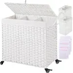 Greenstell Laundry Hamper with Wheels&Lid, 125L Large 3 Sections Clothes Hamper with 2 Types Removable Liner Bags, 5 Mesh Laundry Bags, Handwoven