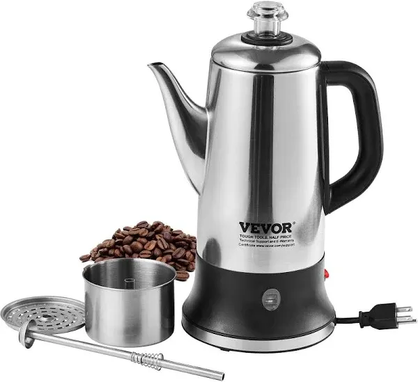 VEVOR 12-Cup Electric Percolator Coffee Pot Stainless Steel Coffee Maker Silver