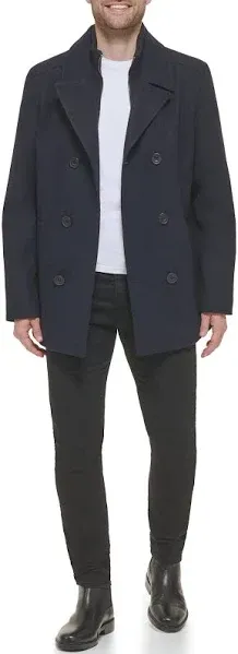 Kenneth Cole Men's Legacy Double Breasted Wool Peacoat with Rib Knit Bib