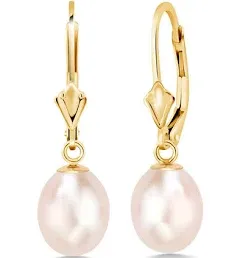 Gem Stone King 14K Yellow Gold 9MM Cultured Freshwater Pearl Dangle Earrings For Women