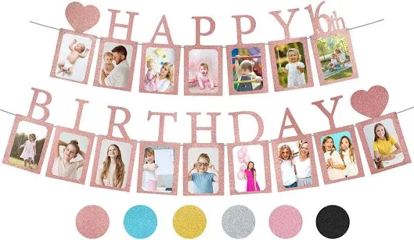 Sweet 16 Birthday Decorations Photo Banner in Rose Gold Pre-assembled