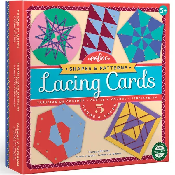 eeBoo Shapes & Patterns Lacing Cards/Set of 5 Cards/Ages 3+ (LCGEO)