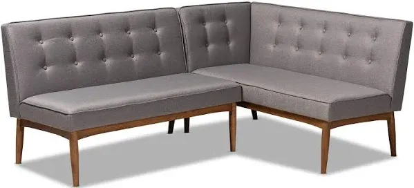 Baxton Studio Arvid Mid-Century Modern Brown Faux Leather Upholstered 2-Piece Wood Dining Corner Sofa Bench