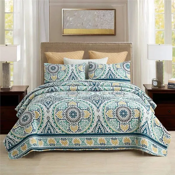 MERRY HOME 3-Piece Quilt Sets with 2 Pillow Shams - Boho Reversible Soft and Lightweight Bedding Bedspread Coverlet Set (Beige Floral, Queen)