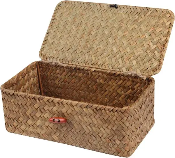 Wicker Shelf Baskets with Lid,Handwoven Seagrass Basket for Storage Basket Bins Rectangular Home Organizer Gift Boxes (Natural Set of 2)