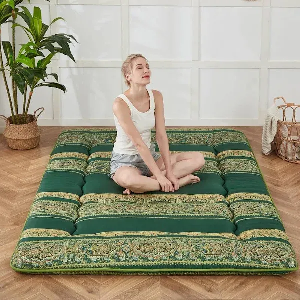 Japanese Floor Mattress, Futon Mattress with Portable Storage Bag, Roll Up Mattress Thick Tatami Mattress Suitable for Camping, Guest Room (Bohemian Green, Full)