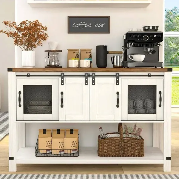 Yojfotoou Farmhouse Coffee Bar Cabinet with 2 Sliding Barn Doors, Modern Buffet Sideboard Cabinet with Open Shelf, White