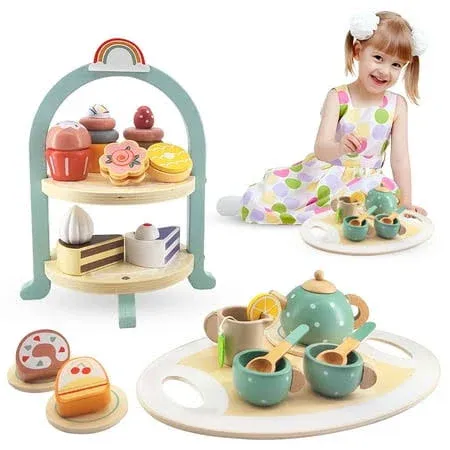 Wooden Tea Party Set for Little Girls Toddler Tea Set with Cupcake Stand & Food Dessert, Play Kitchen Accessories for Toddlers 2 3 4 5 6 Years Old, Wooden Toys Birthday Kids Girls Gifts 3-6