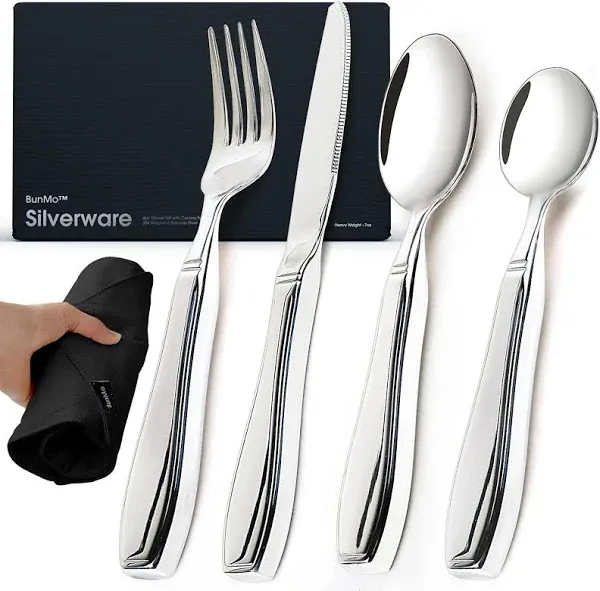 BUNMO Utensils for Elderly, Arthritis, Weak Hand Grip & Handicapped - Convenient Travel Pouch - for Tremors and Parkinsons Patients - Stainless Steel - Eat Independently - Weighted 4 Piece Set