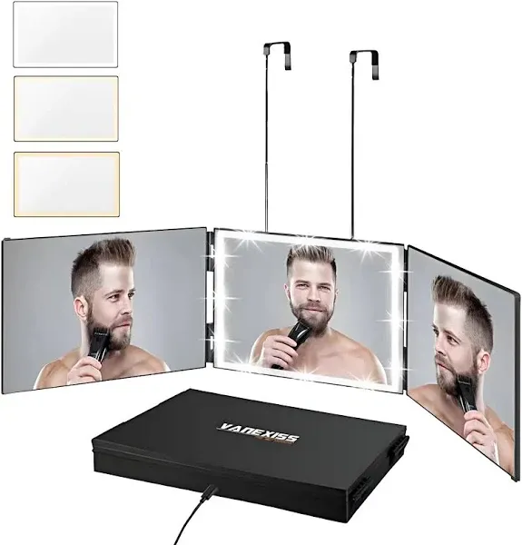 All-in-One 3-Way Mirror with Real Glass &amp; Adjustable Lighting for Flawless Cuts