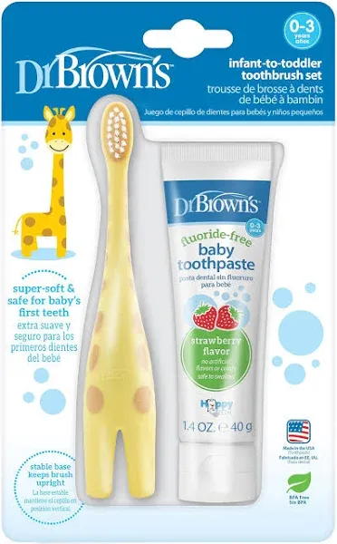 Dr. Brown's Infant-to-Toddler Training Toothbrush Set & Fluoride-Free Baby Toothpaste, Strawberry - Giraffe - 1.4oz - 0-3 Years