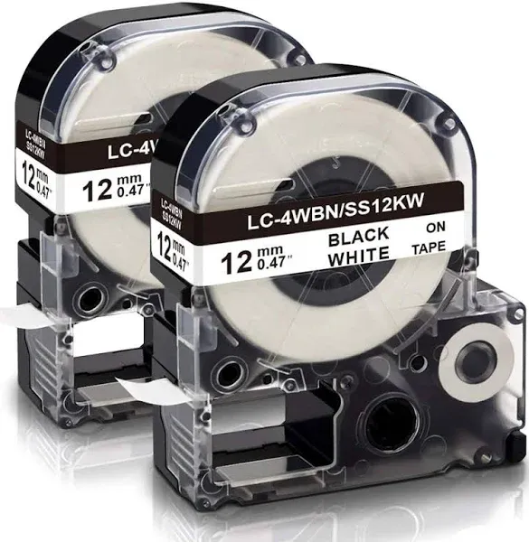 Absonic LC-4WBN Label Tape Compatible for LK-4WBN LC 4WBN9 SS12KW 12mm Label Cartridge for Epson LabelWorks LW-300 LW-400 LW-500 LW-600P LW-K200PX Label Maker, Black on White, 1/2" x 26', 2-Pack