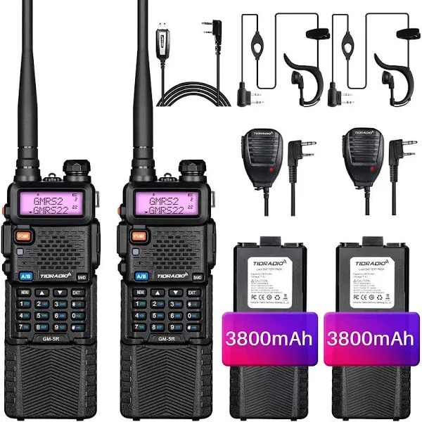 TIDRADIO GM-5R GMRS Radio, Two Way Radio GMRS Repeater Capable, with 3800mAh Battery, Dual Band Scanning Receiver and NOAA Weather & Alarm GMRS Handheld Radio for Survival Gear Hiking Hunting (2 Pack)