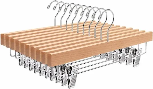 10 Pack Natural Wooden Pants Hangers with Clips Wood Skirt Hangers Trouser H