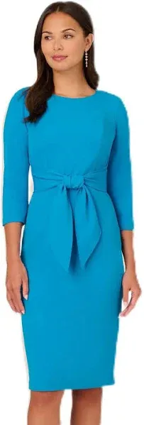 Adrianna Papell Women's Knit Crepe Tie Waist Sheath, Blue Coast