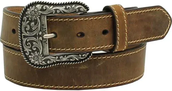 Women&#039;s Ariat HEAVY STITCHED BROWN LEATHER BELT Floral Buckle Size M L XL PLUS