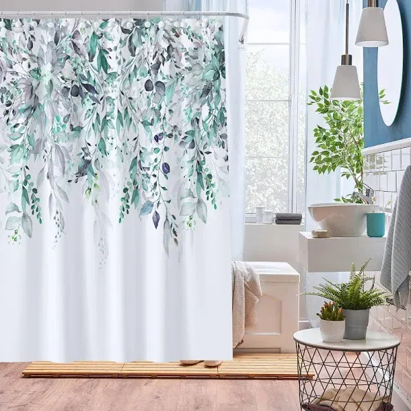 Tititex Yellow Eucalyptus Shower Curtain, Watercolor Bright Leaves on The Top Plant with Floral Bathroom Decoration Shower Curtain Sets 72x72 Inch with Hooks