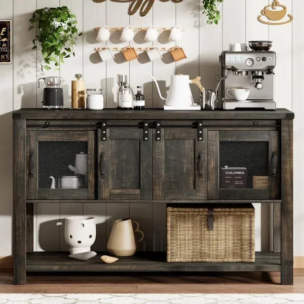 4ever2buy Coffee Bar Table with Storage, Farmhouse Buffet Cabinet with Sliding Barn Door, 47" Console Table with Metal Mesh Doors, Brown Coffee Bar Cabinet with Bottom Open Shelf, Living Room