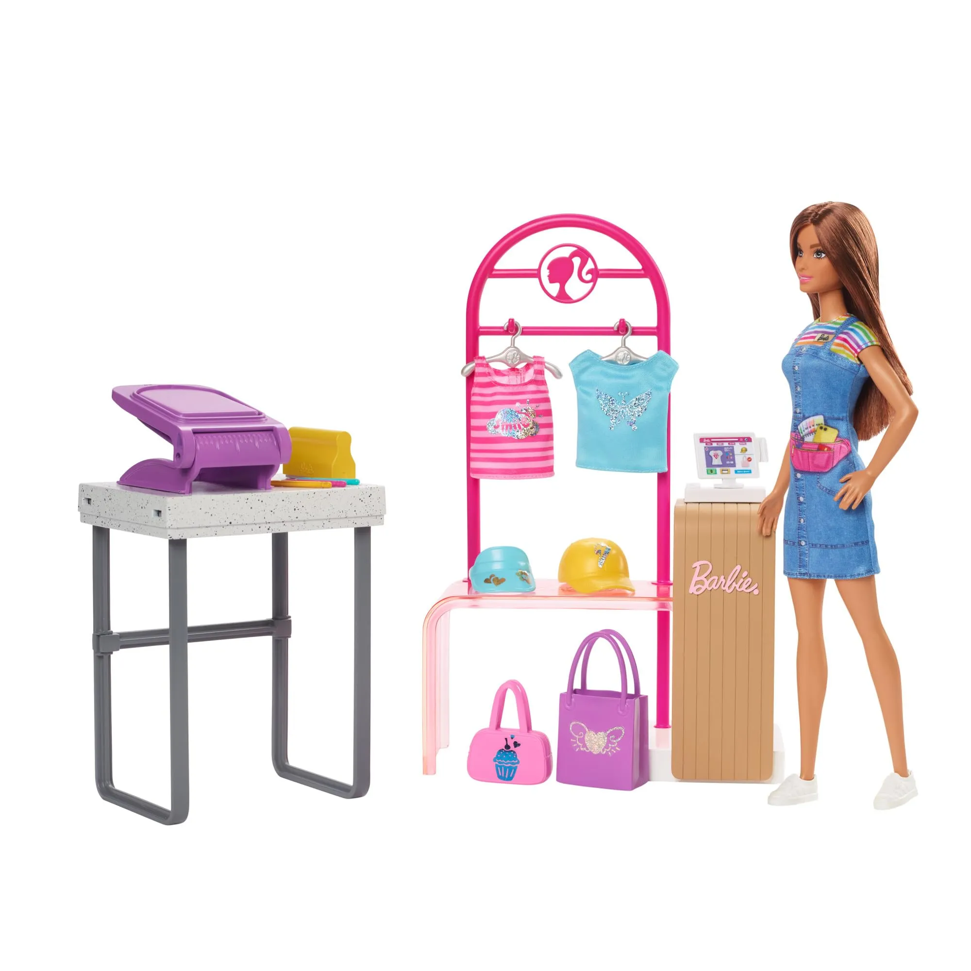 Barbie Doll &amp; Accessories, Make &amp; Sell Boutique Playset with Display Rack,... 