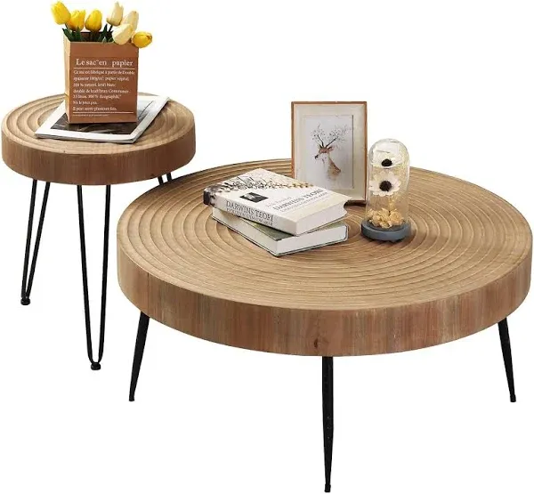 RUSTOWN Farmhouse Round Coffee Table Set of 2, Cocktail Table Set, Modern Circle Natural Wood Finsh Side and End Table Sets for Living Room