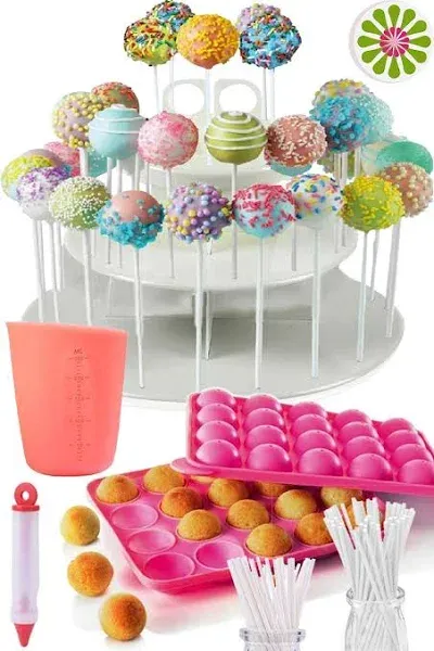 APRON HEROES- Complete Cake Pop Maker Kit, Nonstick, Silicone, Cake Pop Maker, Cake Pop Kit, with, Cake Pop Stand Holder, Cake Pop Molds, 120 Lollipop Sticks, Melting Pot, Decorating Pen, & Twist Ties