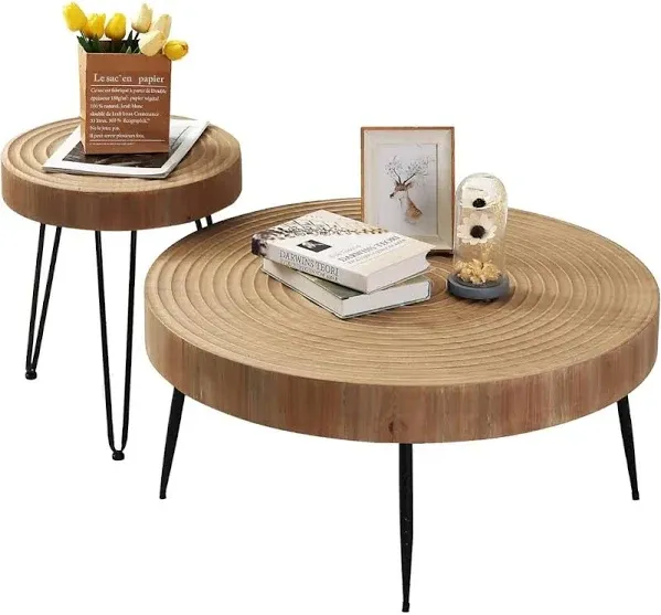 RUSTOWN Farmhouse Round Coffee Table Set of 2, Cocktail Table Set, Modern Circle Natural Wood Finsh Side and End Table Sets for Living Room