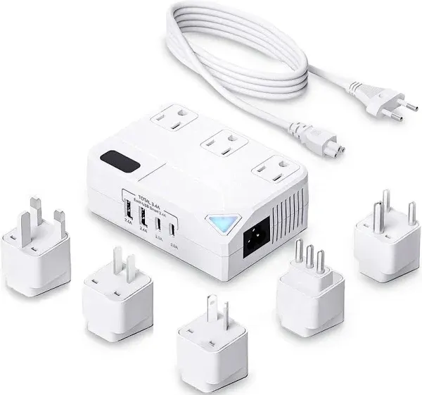 Universal 100V-220V Travel Converter，250W Voltage Converter with 2 USB and 2 USB-C Charging Ports and 3 AC Plugs for curlers, straighteners, Included Plugs are Type A, C, D, G, I, L, white