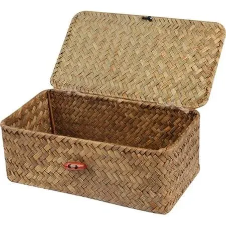 Wicker Shelf Baskets with Lid,Handwoven Seagrass Basket for Storage Basket Bins Rectangular Home Organizer Gift Boxes (Natural Set of 2)