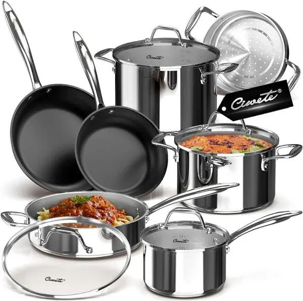 Tri-Ply Stainless Steel Pots and Pans Set 11-PC, 18/10 Stainless Steel Induction Cookware Set with Steamer Insert, Kitchen Cookware Sets with Stay Cool Ergonomic Handles, Dishwasher, Oven Safe