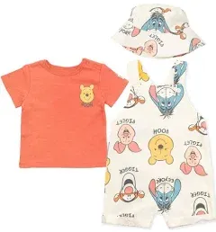 Disney Tigger Winnie the Pooh Baby French Terry Short Overalls T-Shirt and Hat 3 Piece Outfit Set Baby to Baby