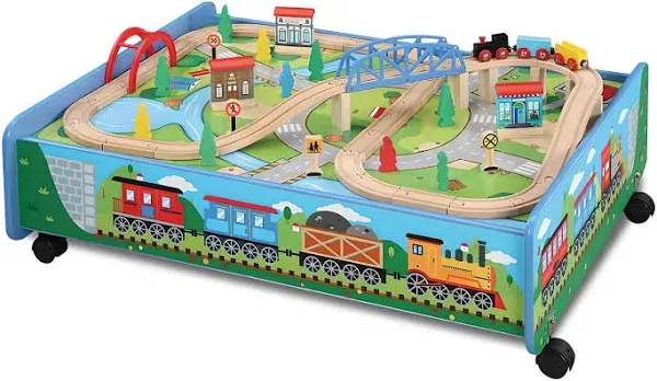 Maxim Enterprise 62 piece Wooden Train Set with Train Table/Trundle