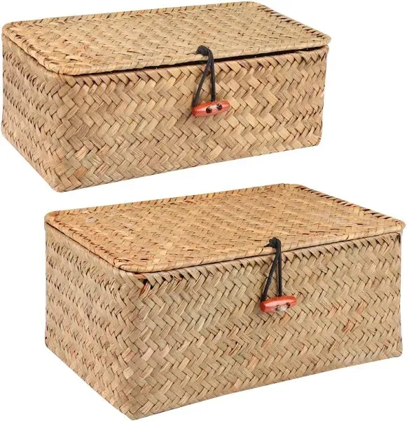 Wicker Shelf Baskets with Lid,Handwoven Seagrass Basket for Storage Basket Bins Rectangular Home Organizer Gift Boxes (Natural Set of 2)