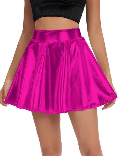 Ladies Women&#039;s Wetlook PVC Shiny Flared Pleated Mini Skater Dance Disco Skirts