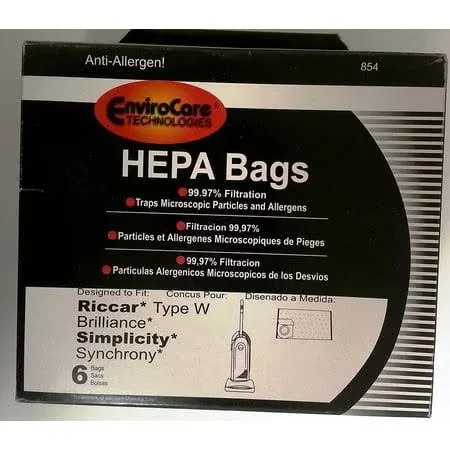 Riccar Type W Envirocare HEPA Vacuum Bags 6PK AntiAllergen Brilliance Simplicity