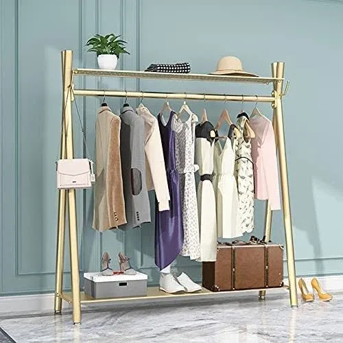 Clothes rack Gold, Freestanding Industrial Garment Rack with Double shelves Multi-functional Bedroom Hanging Clothing Rack,Heavy Duty Movable Coat Rack for Organizing Clothes and Shoes (59'' L)